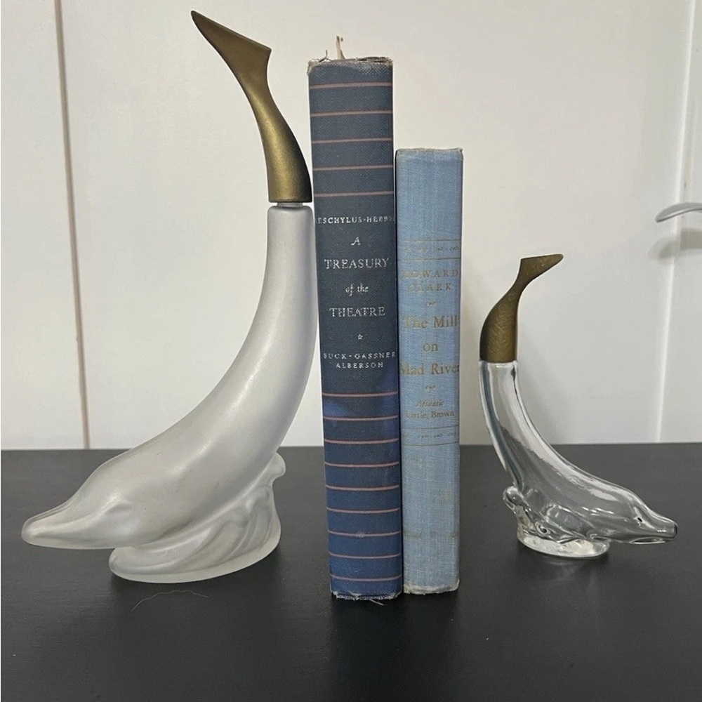 Vtg Avon Glass Dolphin Bottles Frosted & Clear Brass Tone Tails Nautical Coastal